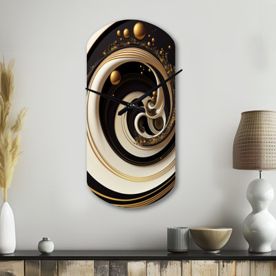 Ewela Black, Silver And Gold Blending Swirls VII - Cylinder Abstract Spirals Metal Wall Clock, Black Wall Clock Print