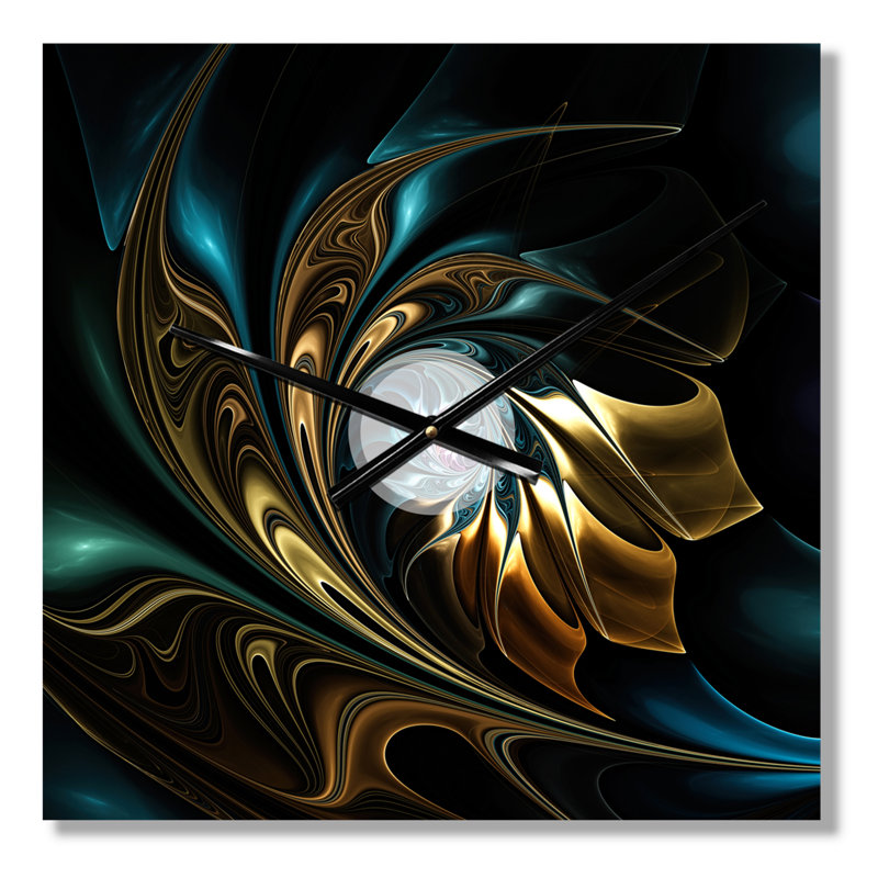 Horloge murale moderne avec fleur fractale brune et bleue en noir, Très grand