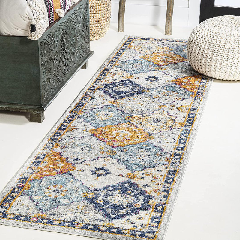 Kirman Bohemian Medallion Light Gray/Blue/Orange Rug, Runner 2' X 8'