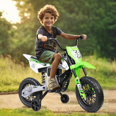 Alex 12V Kids Ride On Motorcycle Dirt For Kids With Training Wheels，Bluetoo, Music, Spring Suspension, Handlebar Twist Speed Control, 12V Electric All-Terrain Vehicles, Green