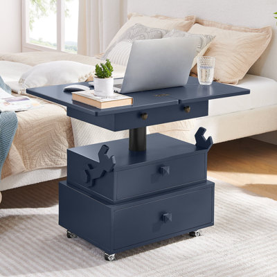 Table de bout roulante à hauteur réglable laquée ultrabrillante avec station de charge et roues universelles avec freins, table à plateau relevable multifonctionnelle avec tiroirs de rangement
