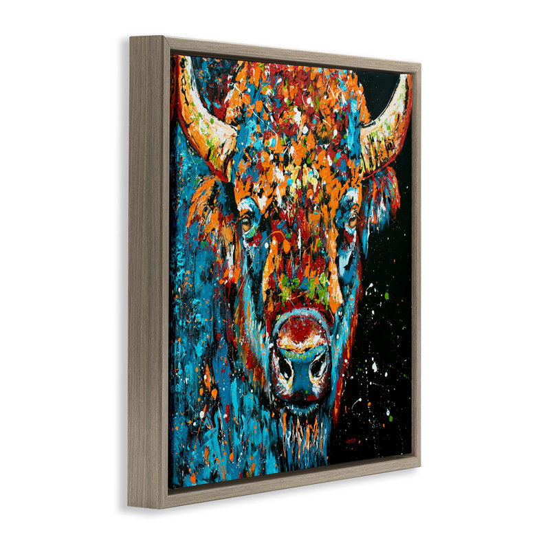 Modern Bison with Paint Splatter, Montalcino Elm Floater Frame, 25" H x 25" W