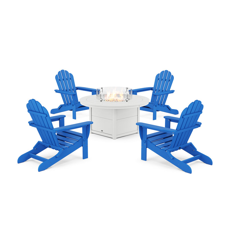 5-Piece Monterey Bay Folding Adirondack Conversation Set with Fire Pit Table, Pacific Blue