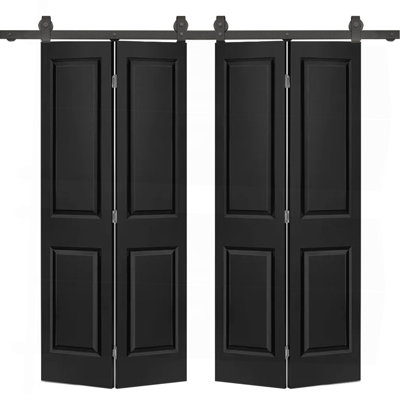 48 po X 80 po Porte de grange double en 2 panneaux de fibres à densité moyenne peinte noire à 2 panneaux avec quincaillerie coulissante