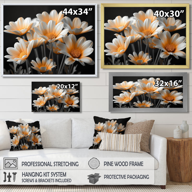 Monochromes jaunes, noirs, marguerites, soufflant I - marguerites, art mural, salon, Toile tendue, H 34 po x l 44 po