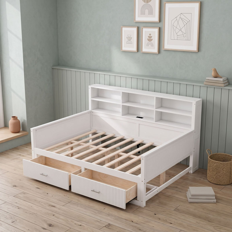 Lit de jour en bois avec tablettes de rangement, tiroirs et station de recharge, Lit double, Blanc