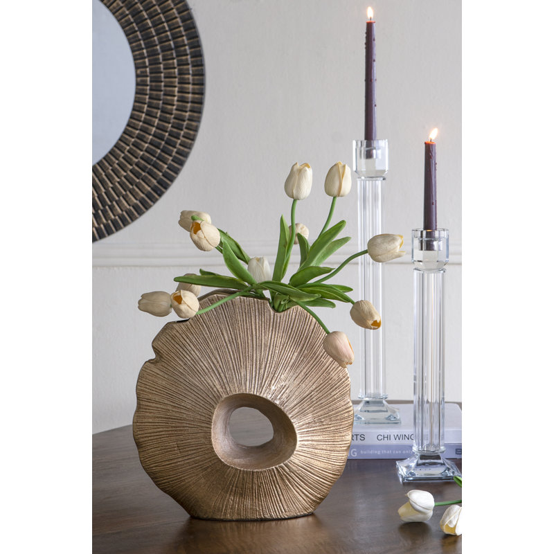 12X3X12" Gold Leaf-Inspired Aluminum Vase, 12" H x 12" W x 3" D