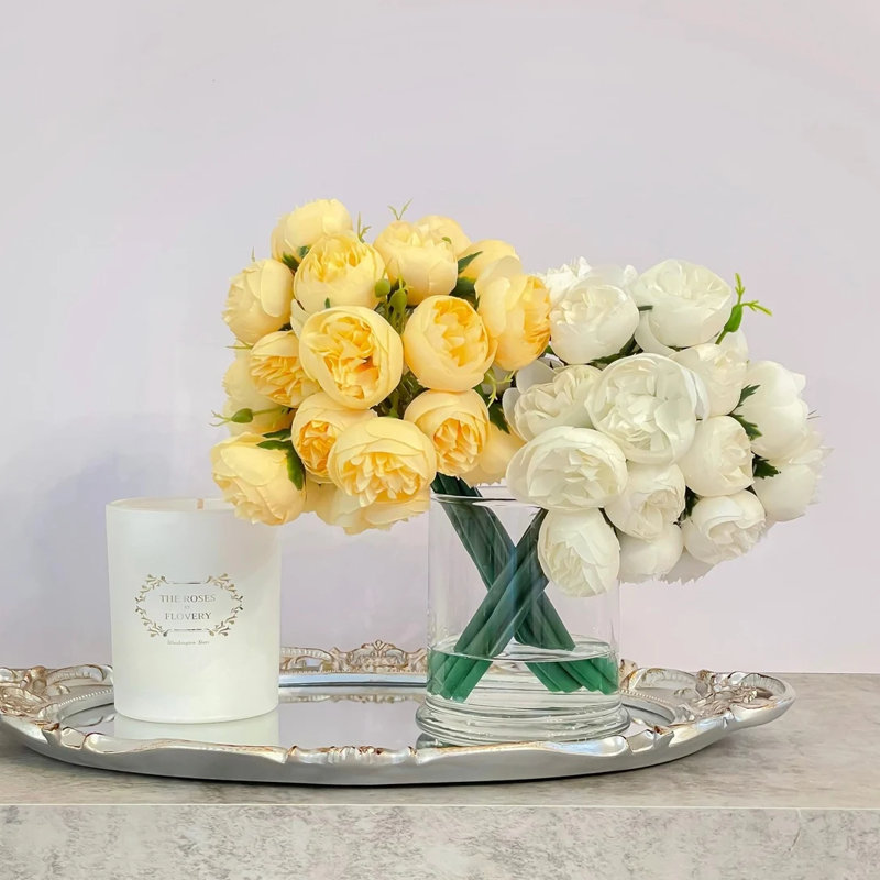 Peonies Floral Arrangement In Vase, White/Yellow