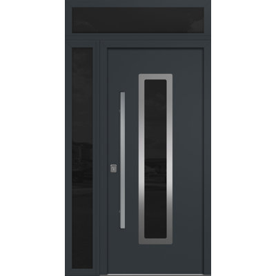 Porte d'entrée extérieure moderne en acier 36 po x 80 po - Inox SI avec éclairage latéral et traverse