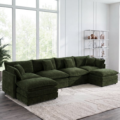Canapé modulaire en U de 147 po avec méridienne réversible, poufs doubles et 5 coussins, chenille
