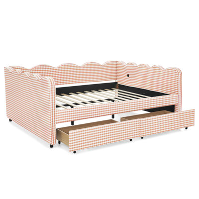 Queen Size Cozy Gingham Daybed with 2 Storage Drawers, USB Charging Port, Wave-Shaped Headboard, Linen Upholstered Sofa Bed