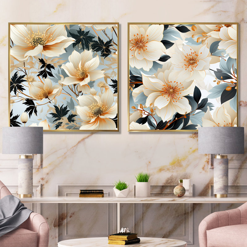 Louanne - ensemble de 2 impressions murales florales, Encadrement doré, H 16 po x l 33 po x P 1 po