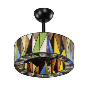 Delvis Black Lighted Ceiling Fan With Multi-Colored Earth Tones Tiffany Style Glass Shade Fandelier With Remote