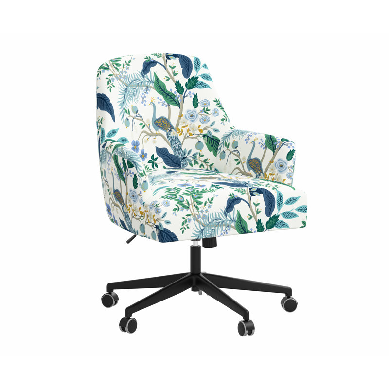 Chaise de bureau avec base Yvette, Bleu paon et lin blanc RPC, Matte Black