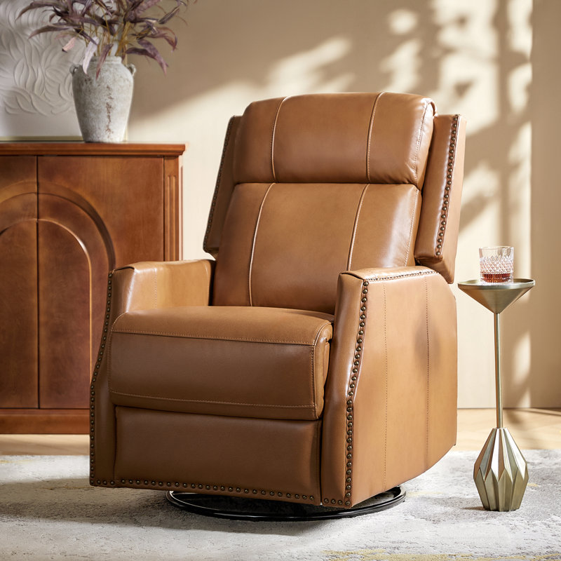 Elimelec Genuine Leather Manual Swivel Recliner, Camel