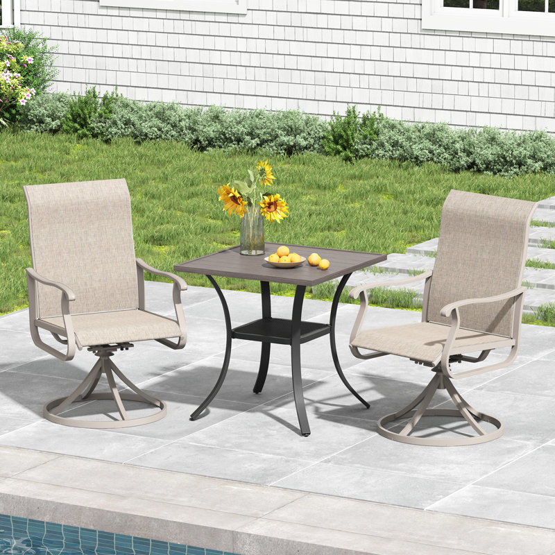Ensemble de salle à manger de patio 3 pièces avec chaises pivotantes, Cadre crème / noir / plateau de table en bois gri