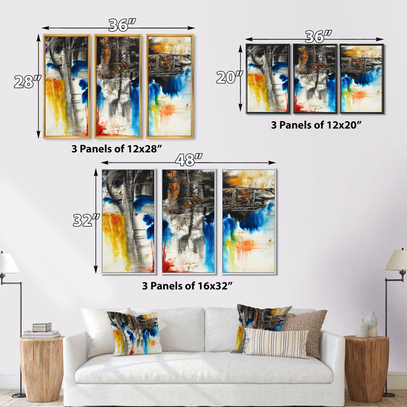 «Black Blue and Yellow» - 3 pièces, cadre flottant, impression sur toile, Cadre noir, L 36 po x H 28 po
