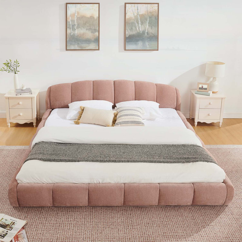 Lit de plancher à profil bas, tête de lit courbée et pied de lit enveloppé, King Size, Rose