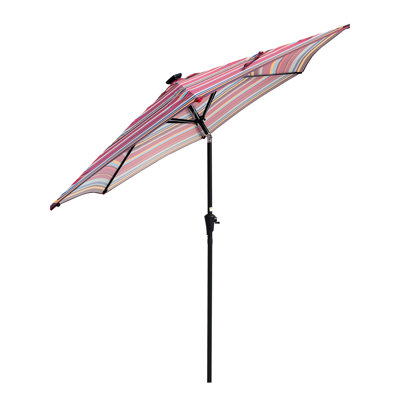 9ft Patio Sun Umbrella With Red Striped Canopy, Solar Led Lights, 6 Steel Ribs, Crank System, Push Button Tilt, Wind Vent, 40+ Protection, 180g/sm , 1.49'' Pole For Residential Outdoor Space Stripes,