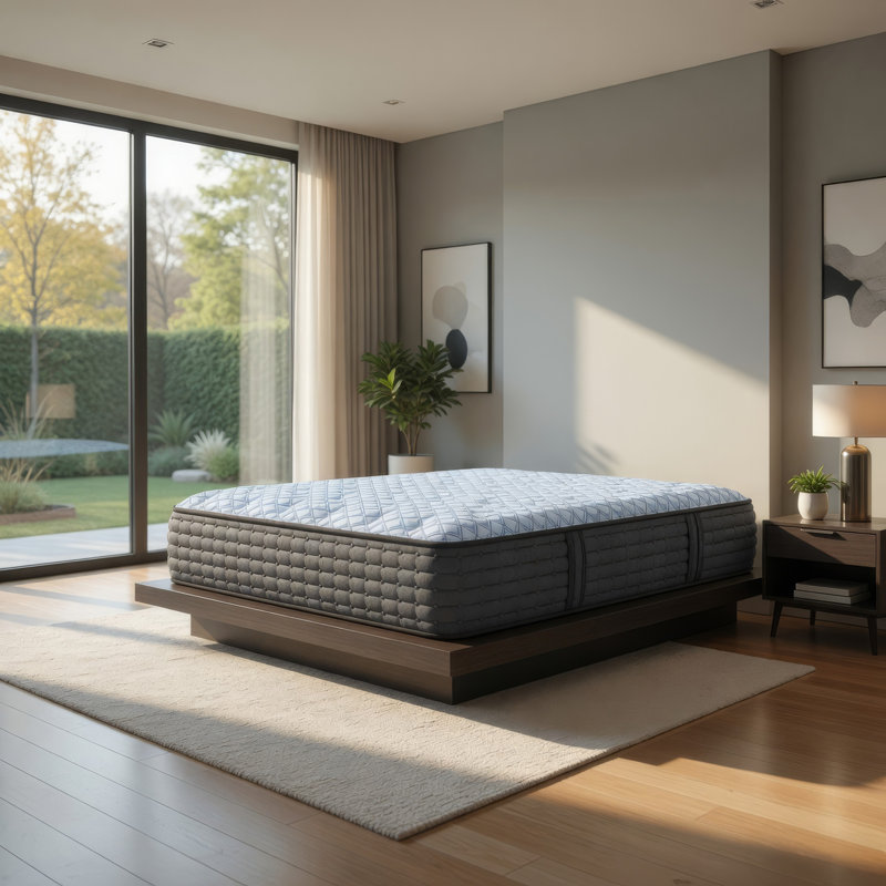 Grand matelas Helton, en mousse 3 couches, en tricot extensible bleu de 15 po