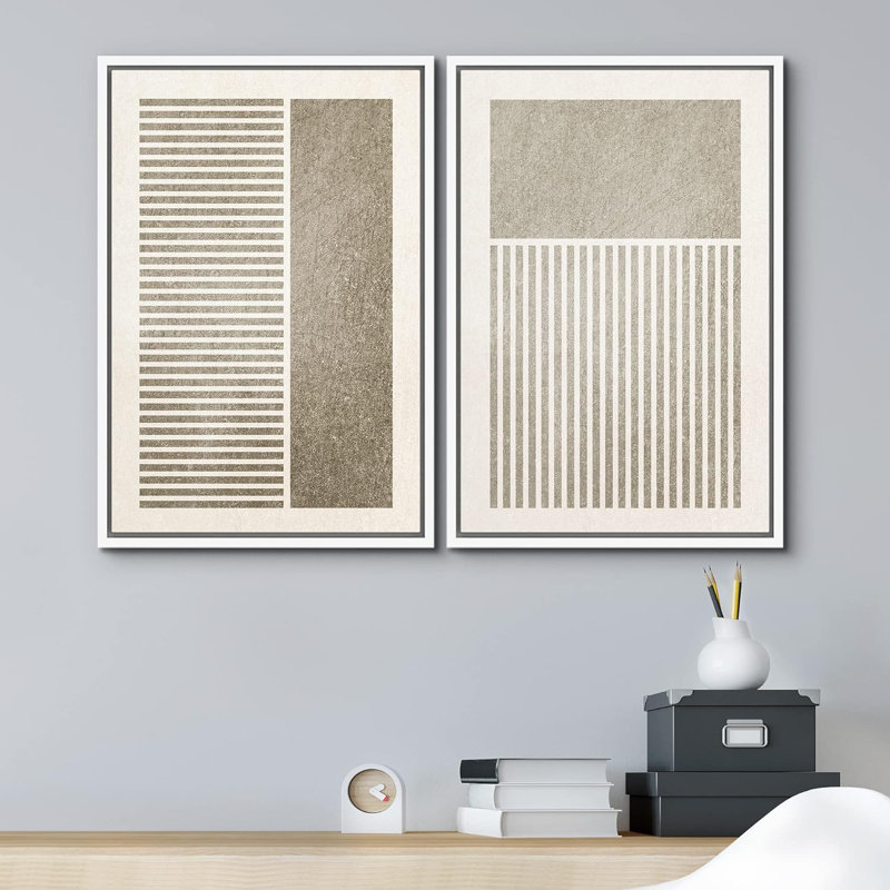 Motif géométrique minimaliste moderne sur fond noir et gris géométrique sur toile, 2 pièces, Cadre flottant blanc