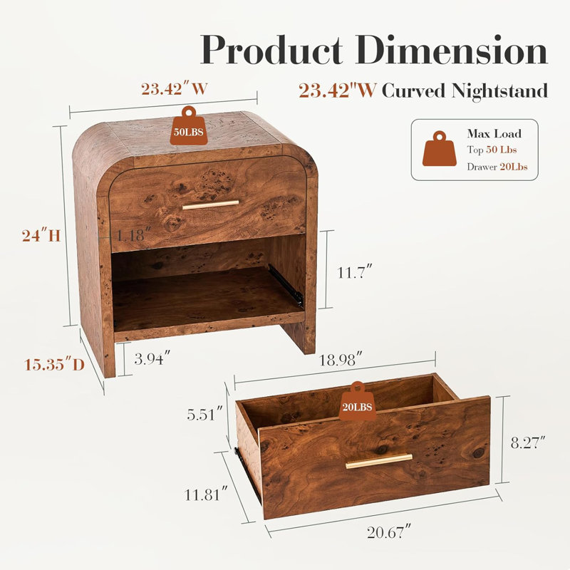 2-Drawer Nightstand - Extra Storage, Heavy-Duty Build Set Of 2, Dark Burl