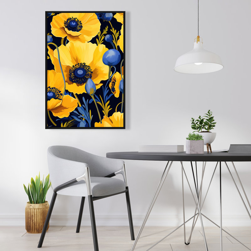 Jaune et bleu - Art floral encadré minimaliste