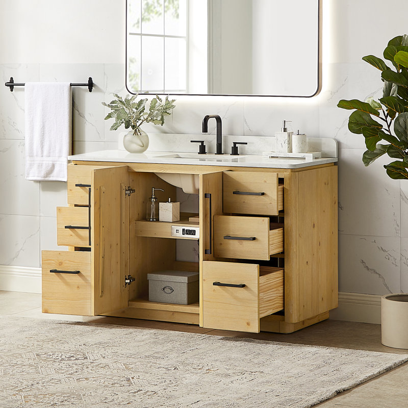 Lewistown 54" Single Bathroom Vanity in Nature Brown with Grain White Engineered Stone Countertop without Mirror