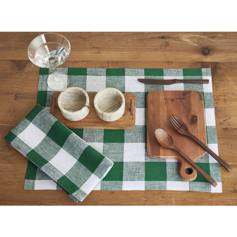 Buffalo Check - 100% Pure Linen Dinner Napkins, Green/White