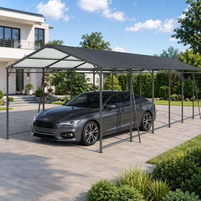 12x32 Metal Heavy Duty Carport With Galvanized Steel Roof And Frame,outdoor Large Garage With 4 Fixed Inclined Square Tube Supports For Cars, Trucks