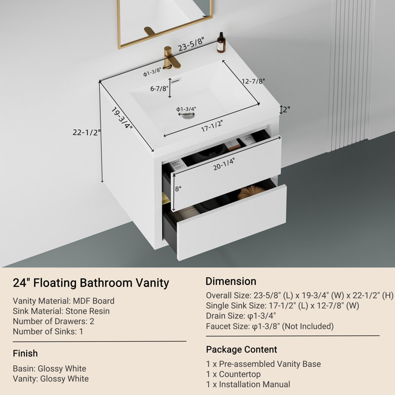 Wall-Mounted Bathroom Vanity with Sink, Glossy White