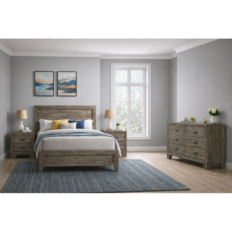 Ensemble de chambre à coucher à panneau classique avec finition brune, 4 pièces, Lit double