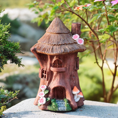 Solar Fairy Garden Tree House Statue, 8.8" Resin Mushroom & Floral Stump Cottage with LED Light, Whimsical Outdoor Decor for Halloween, Christmas, Patio, Lawn & Yard