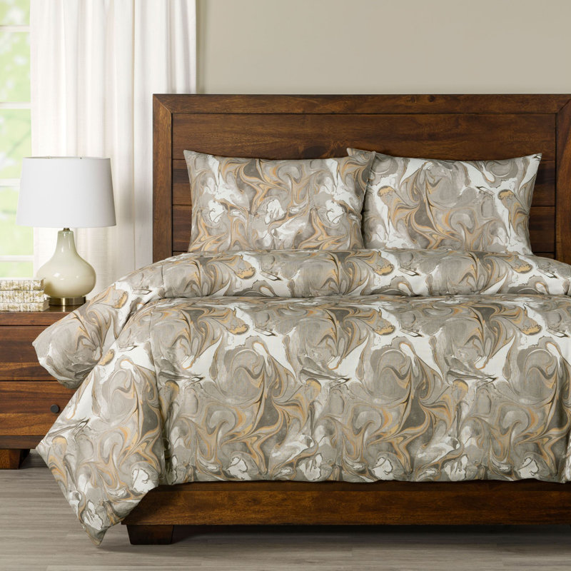 Ensemble de housse de couette marbré Wanderlust, Doré, Couette pour lit double + 2 taies décoratives sta