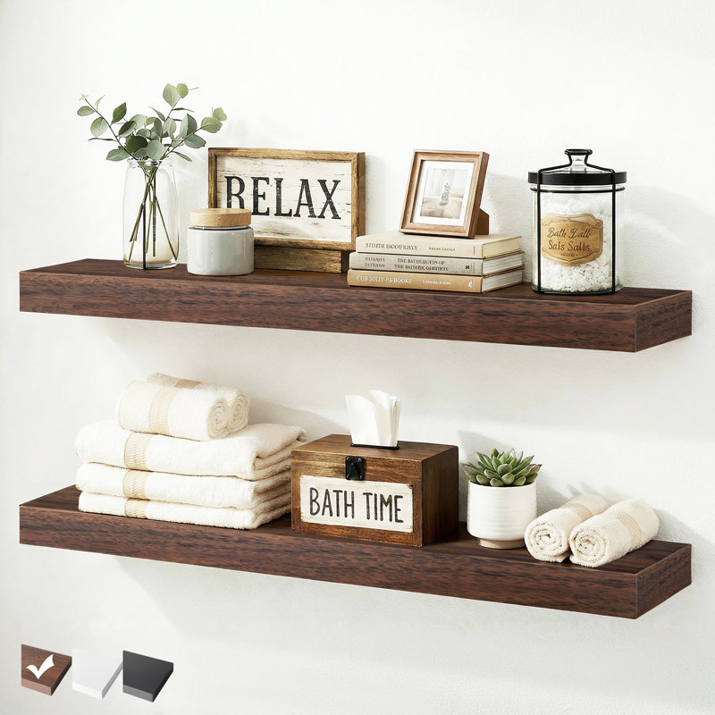 2 Pieces Floating Shelves, Wall Shelf Display Shelves for Living Room/Bedroom/Bathroom/Kitchen, Walnut