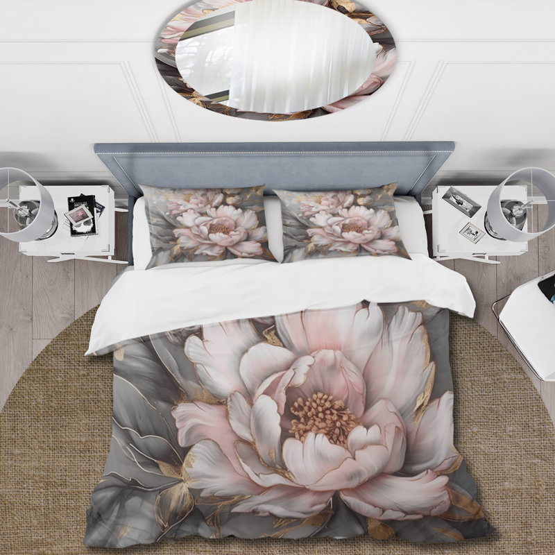 Ensemble de housse de couette rose / gris / pivoines Elegance I Bedding, Housse de couette pour très grand lit et 2 très