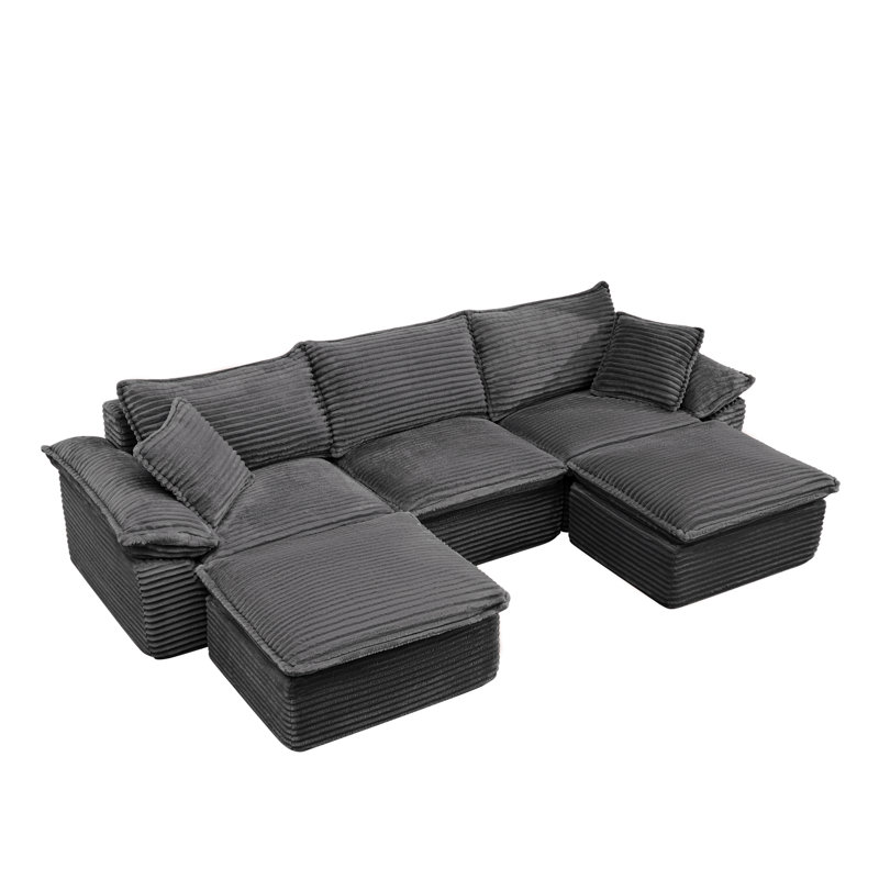 Canapé-lit en U gris tissu de 113 po sans assemblage requis, avec repose-pieds mobile, Grey Fabric