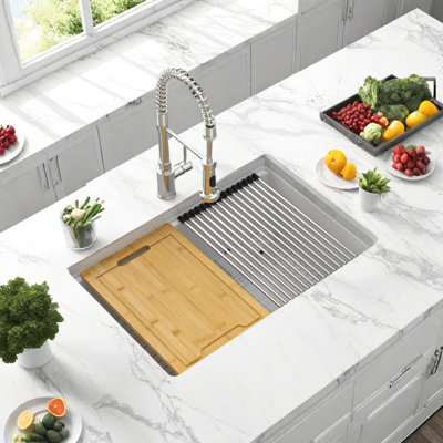 28 Inch White Quartz Undermount Workstation Kitchen Sink, Single Bowl Granite Composite Prep Sink with Cutting Board, Roll-Up Drying Rack, Basket Strainer & Bottom Grid, 9" Deep, for 31" Cabinet