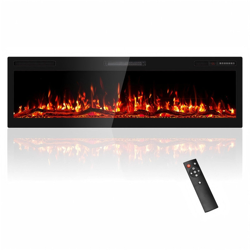 Foyer électrique ultra-mince encastré et mural - flamme 3D HD avec télécommande, 750 / 1500W, Bûche de 60 po