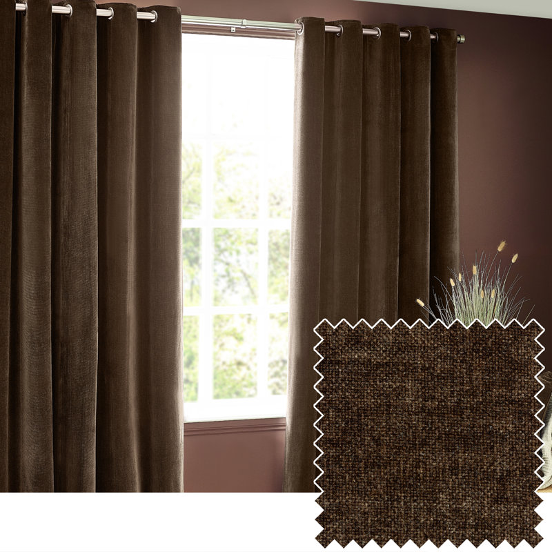 Heavy Chenille Room Darkening Eyelet Curtains, Brown, 229cm Width x 137cm Drop