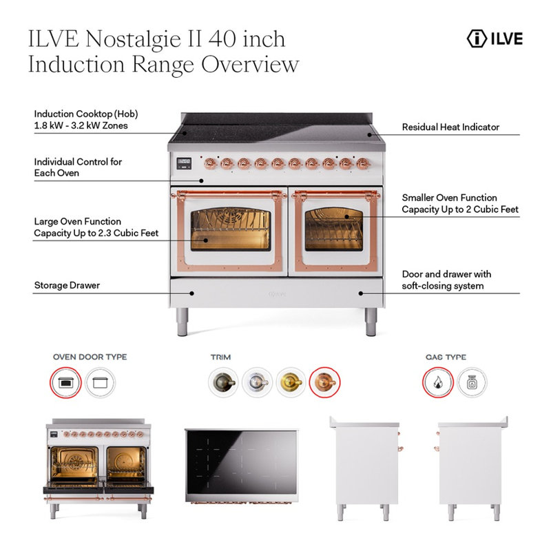 ILVE Nostalgie II 40 in Induction Range, Graphite Matte/Brass