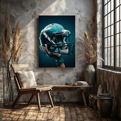 Canvas A Highly Detailed Close Up Of An American Football Helmet Wall Art Showcasing A Sleek Glossy Finish In Deep Teal With A Canvas Wall Art