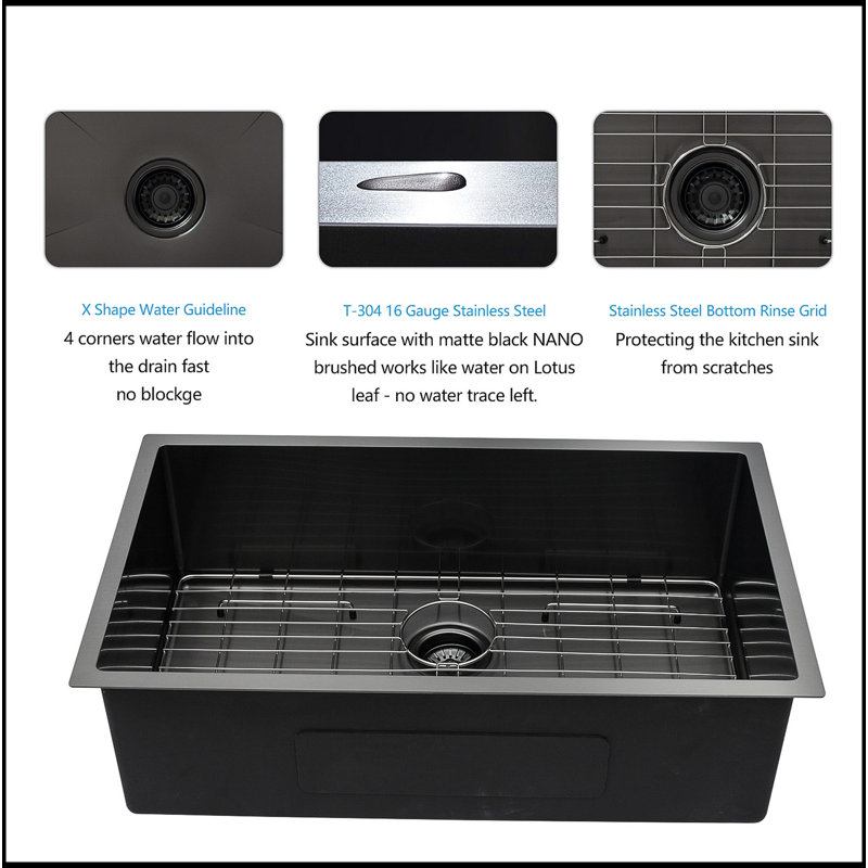 28"X18"X10" Undermount  Kitchen Sink 16 Gauge 10 Inch Deep Single Bowl Kitchen Sink Basin, Gunmetal Black
