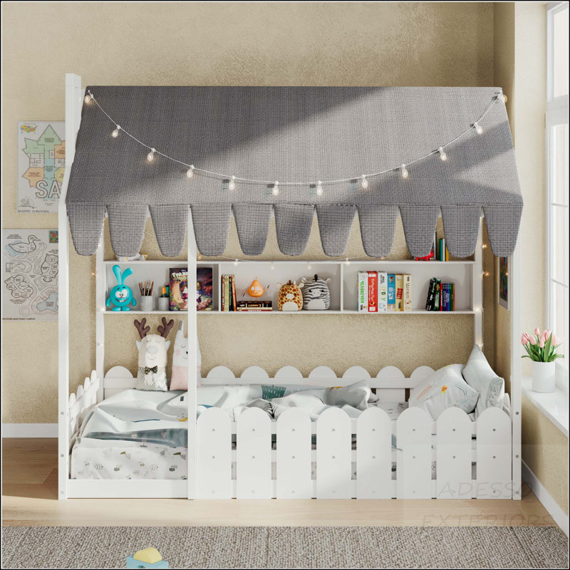 Lit simple Montessori avec tente, lumières et tablettes de rangement, Lit simple, Blanc