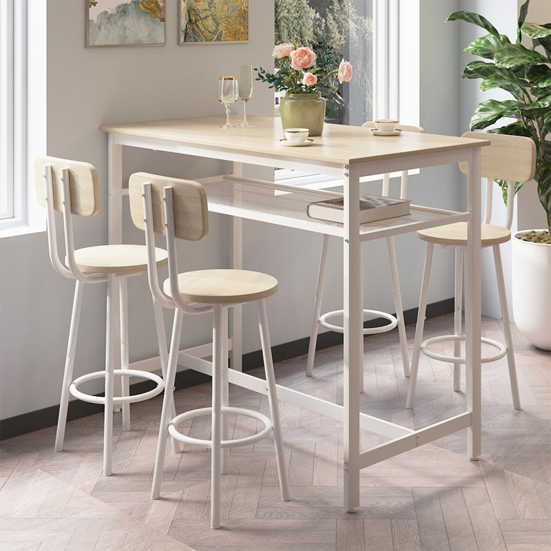 Lysle 5-Piece Industrial Bar Table Set with Metal Shelf, Dining Set, Counter Height Table & 4 Bar Stools, Natural Wood, White