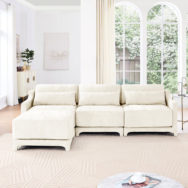 Chenille beige à trois places, deux repose-pieds mobiles, éponge à haute résilience, capitonnage exquis, configuration flexible, tissu d'usure, siège confortable avec base en bois de qualité, ergonomique,