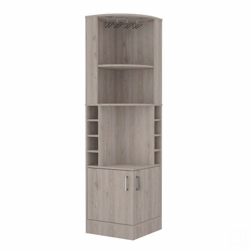 Corner Bar Cabinet, Eight Bottle Cubbies, Double Door, Two Open Shelves, Gray
