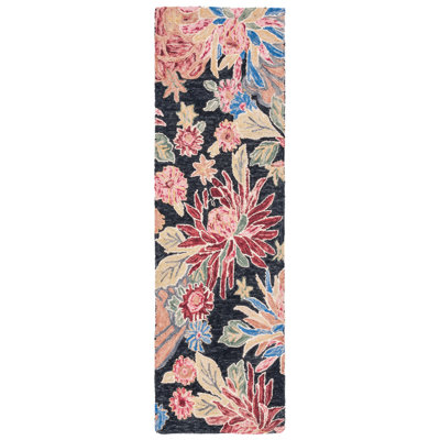 Delman Hand Tufted Wool/Cotton Floral Rug in Red/Charcoal