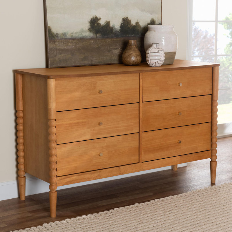Lucera Mid-Century Bobbin Wood 6-Drawer Dresser, Oak Brown