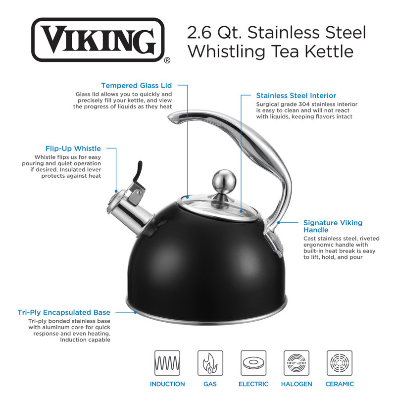 Viking 2.6 Qt.  Stainless Steel Whistling Kettle With 3-ply Base, Matte Black